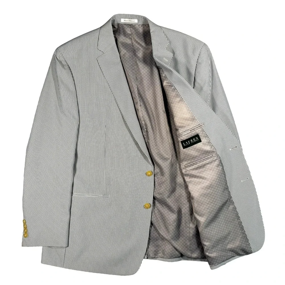 Lauren Ralph Lauren Blue‎ White Striped Seersucker Blazer Sport Coat 48L Coastal